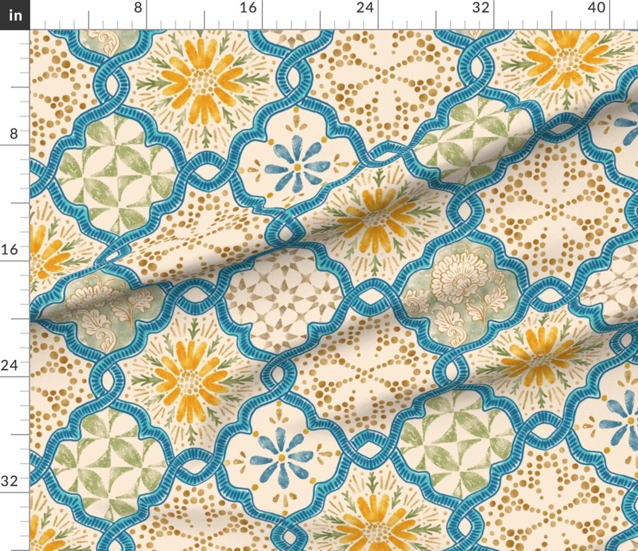 Geometric Tile Blue Green Floral Hand Drawn Watercolor Tropical Summer Coastal Custom Printed Fabric by Spoonflower Various Fabrics by the Yard or Fat Quarter